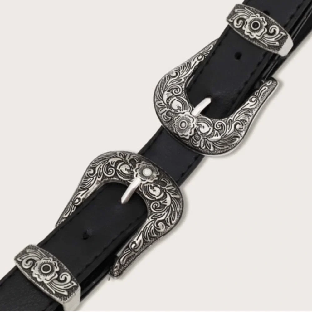 Boho western style double buckle vegan leather belt